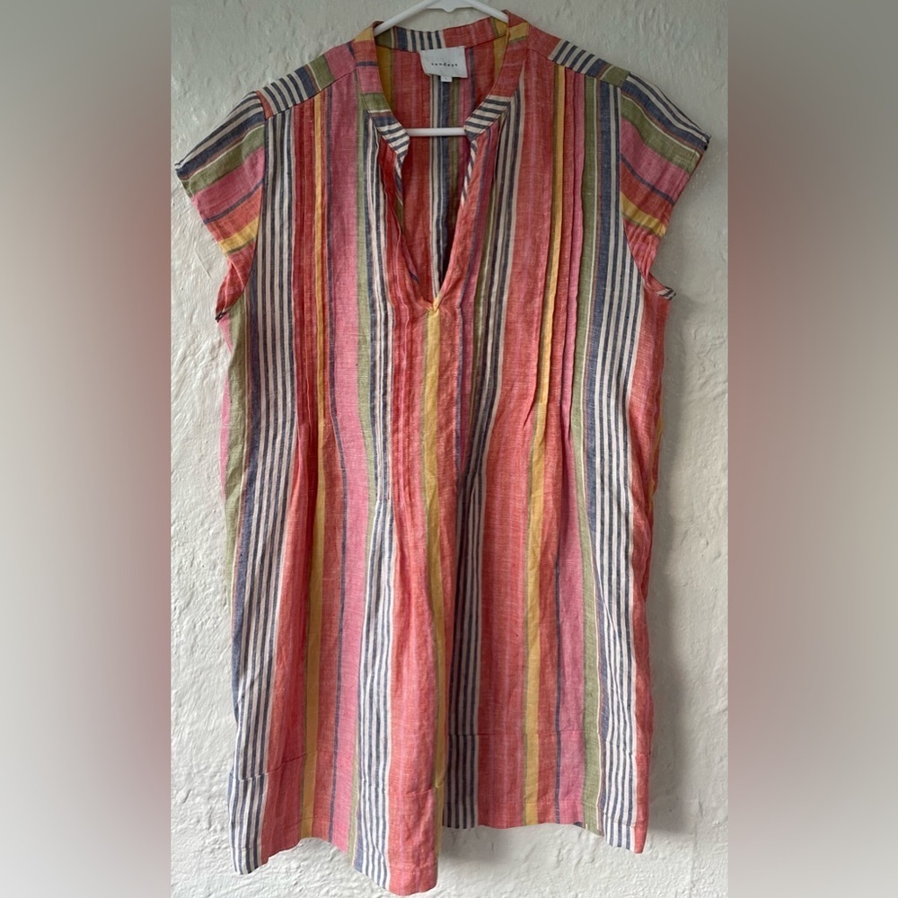 Sundays linen brightly colored striped, cap sleeves, knee length dress;size 1 S